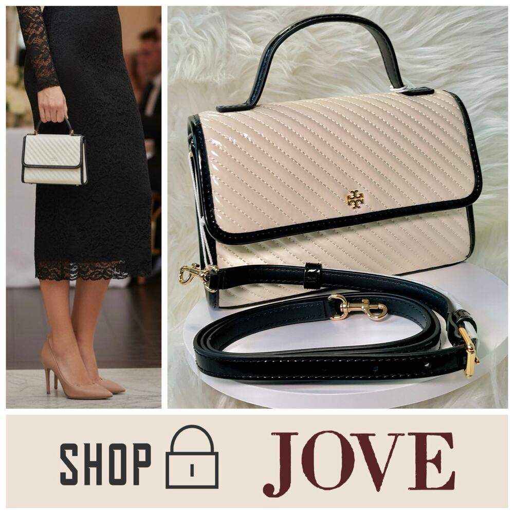 NEW $600 Tory Burch Emerson Quilted Patent Cream Ivory Mini Top Handle Crossbody